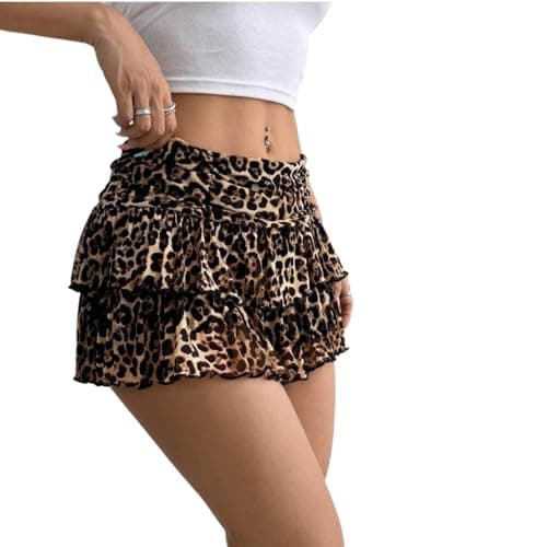 dzmelzu Lace Skirts, Y2K Lace Ruffle Layered Mini Skirt, A-Line Cute Tired Layer Skorts, High Waist Cake Skirt XS-XL (Small, Leopard Print Khaki) - Image 1