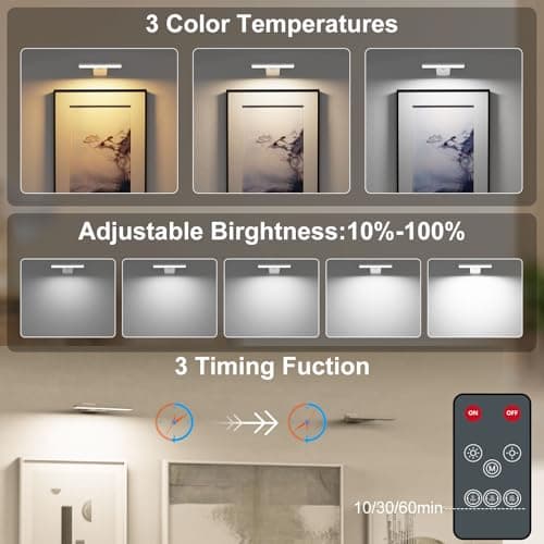 Odupa Picture Lights for Wall, 6000mAh Rechargeable Battery Wall Sconce with Remote & Timer, 3-Way Dimmable Art Lighting for Picture, Poster, Paintings, Gallery Artwork Wall Decor - Thumbnail 4