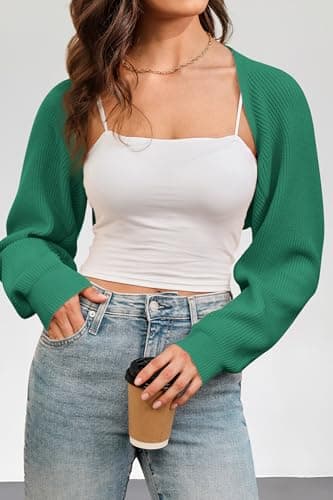 Arach&Cloz 2026 Spring Women's Bolero Shrug Fashion Ribbed Knit Cropped Cardigans Long Sleeves Drop Shoulder Open Front Wool Trendy Sweaters Summer Lightweight Casual Outfits Y2K Clothes Green XL - Thumbnail 2