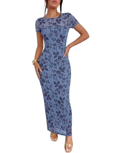 Caracilia Women's Wedding Guest Dress,Double Lined Soft Floral Mesh Maxi Dress,Short Sleeve Bodycon for Formal Cocktail Party Blue Floral Small - Image 1