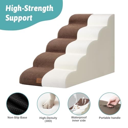 COZY KISS Extra Wide Dog Stairs 19.7" Width, Large Pet Step for Small Medium Dog, Puppy or Cat, Ramp for High Bed or Car, High Density Foam Ladder, Stable, 5 Step, 19.7x33x22.4 inch, Brown - Thumbnail 4