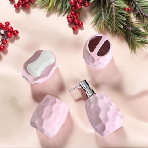 Ceramic Bathroom Accessories Set 4 PCS,Bathroom Toothbrush Holder Set,Soap and Toothbrush Holder Set,Include Toothbrush Holder,Soap Dispenser,Tumbler,Soap Dish,Bathroom Sets Decor Organizer (Pink) - Thumbnail 5