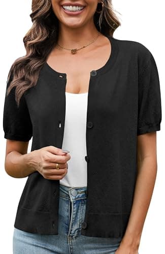 VIISHOW Open Front Button Down Cardigan for Women Summer Crochet Knit Shrug Crew Neck Casual Tops Black, Large - Image 1