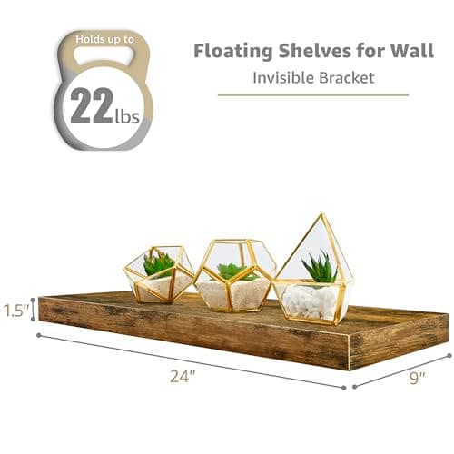 Sorbus Floating Shelves for Wall - 24" Bathroom Shelves, Wall Decor for Bedroom, Kitchen, Living Room, Home Decor & Book storage - Mounted Floating Shelf with Invisible Brackets (Rustic Brown, 4 Pack) - Thumbnail 3
