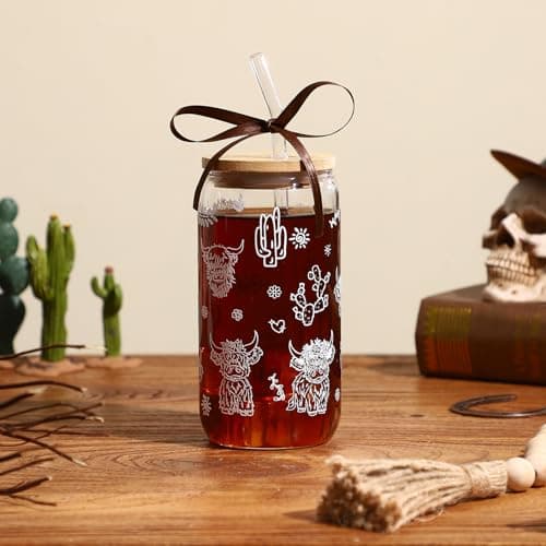 Celebloom Highland Cow Gifts for Women, Cute Glass Cups for Cow Lovers, Highland Cow Print Iced Coffee Tumbler for Christmas Birthday Mothers Day Gifts for Friend 16oz - Thumbnail 2