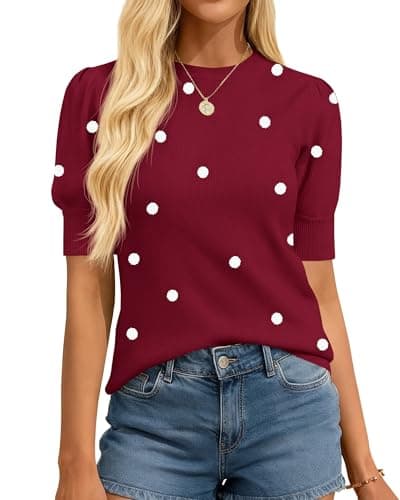 BTFBM Womens Tops Polka Dot Puff Short Sleeve Sweater for Women Crewneck Knit Summer Tops Business Dressy Casual Blouses(Burgundy, Medium) - Image 1