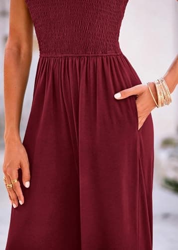 KIRUNDO Womens Jumpsuit 2026 Summer Casual Loose One Piece Overalls Smocked Sleeveless Wide Leg Rompers With Pockets(Deep Red, Small) - Thumbnail 5