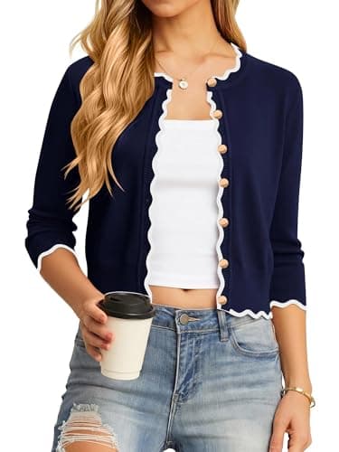 Biodeer Spring Summer 2026 Women's Scalloped Knit Cardigan Sweaters 3/4 Sleeve Crop Crewneck Button Down Shrug - Image 1