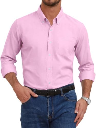 GIANZEN Pink Dress Shirt for Men Button Up Light Mens Shirts Long Sleeve Men's Down Oxford Collared Casual Big and Tall Pink Size L - Image 1