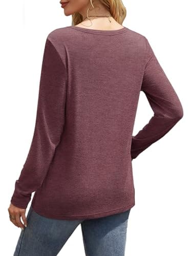 GKBK Women's Long Sleeve Shirts Casual Crewneck Tops Fall Fashion Soft Basic Tee for Work Business Wine Red - Thumbnail 3