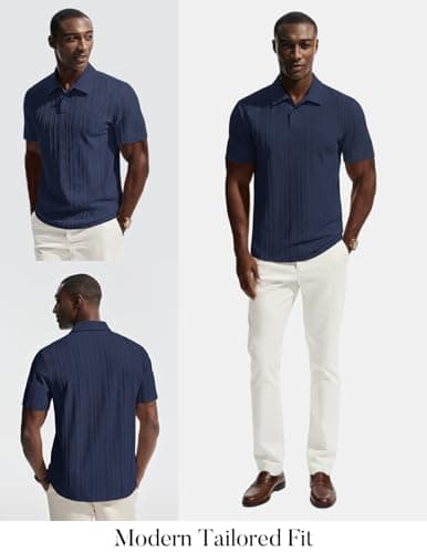 PJ PAUL JONES Mens Knit Polo Short Sleeve Collared Shirts Textured Polo Shirts Wrinkle-Free Ribbed Golf Shirts Navy Blue - Thumbnail 6
