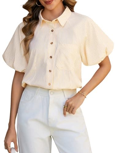IYICLOTH Women's Striped Button Down Shirts Summer Puff Short Sleeve Tops Relaxed Fit Blouses for Women Dressy Casual,S Yellow - Image 1