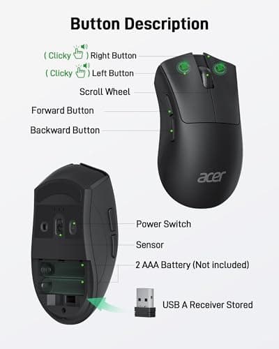 acer Wireless Mouse, 1200 DPI Computer Mouse for Laptop with 2.4GHz USB A Receiver, 5 Buttons Compatible for Windows, macOS, Android (Black) - Thumbnail 4