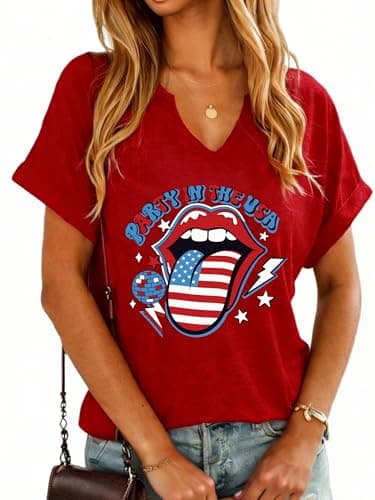 IsPICK July 4th Shirts for Women American Flag V Neck Tops Patriotic Graphic Independence Day Vintage Summer Tees Red M - Image 1