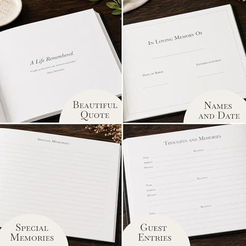 J&A Homes Funeral Guest Book for Celebration of Life Memorial Service - Pen Included - Memory Book for Funeral Guests - Table Sign & Back Pocket - 300 Entries, Gold Foil, 9x7 Inches - Thumbnail 4
