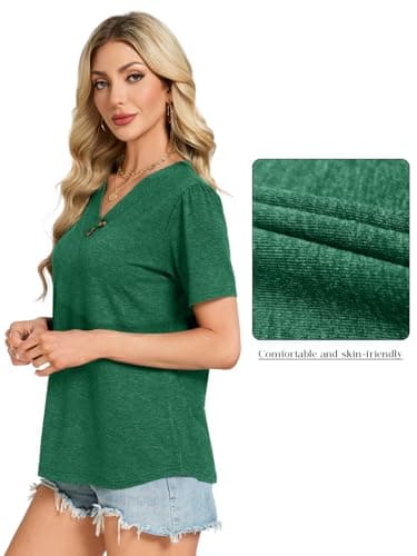 VUTRU Womens Summer Tops and Blouse Puff Short Sleeve Henley Tshirts Tunic Loose Flowy Dressy Business Casual Plus Size, Green L - Thumbnail 5