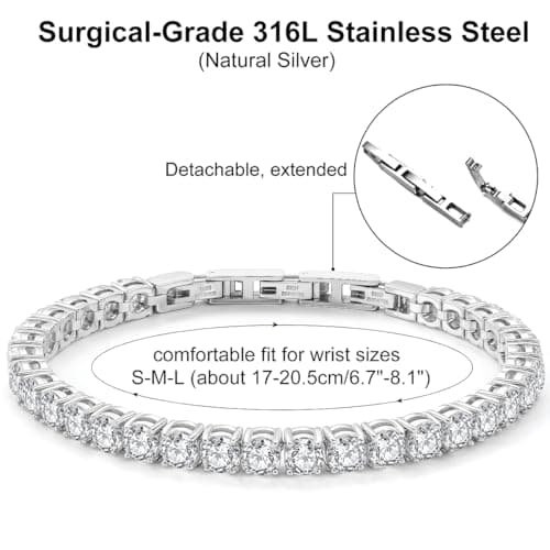 Tennis Bracelet for Women Men, 14K Gold Plated Round 5mm AAAA+ Cubic Zirconia CZ Dainty Classic Adjustable Stainless Steel Bracelets Festival Wedding Jewelry Gift (Steel, CZ 5mm) - Thumbnail 5