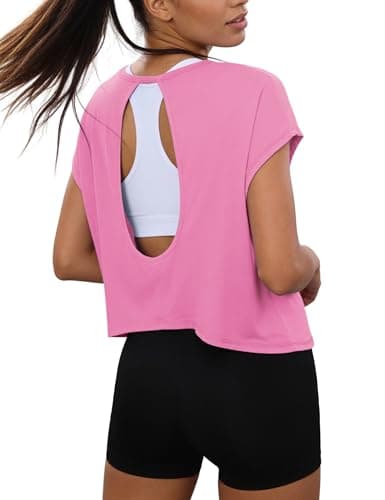 Totatuit Womens Open Back Workout Tops Oversized Crop Gym Shirts Loose Fit Short Sleeve Athletic Tee for Running Yoga Rose Red XX-Large - Image 1