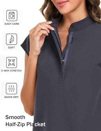 VECARDI Women's Scrub Top Zip Front Stretch Short Sleeve Nurse Uniform Shirt with Pockets Badge Loop Grey - Thumbnail 4