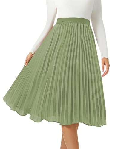 Women's Midi Skirt Elastic High Waist Pleated Skirt Knee Length Swing A-Line Casual Flowy Skirts 2025 Green, XXL - Image 1