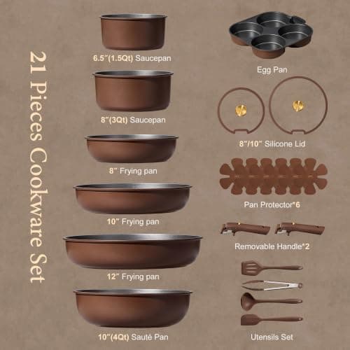 CAROTE 21pcs Pots and Pans Set, Nonstick Cookware Set Detachable Handle, Induction Kitchen Cookware Sets Non Stick with Removable Handle, RV Cookware Set, Oven Safe, Brown - Thumbnail 2
