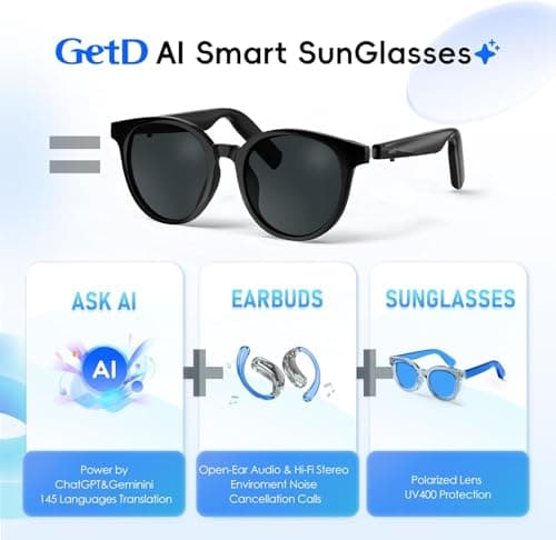 GetD 2026 New AI Glasses for Men & Women, Smart Sunglasses Powered by ChatGPT with 145-Language Translation, Bluetooth 5.4 Glasses, 11H Music/9H Call, UV400 & Polarized Lenses for Travel & Daily Use - Thumbnail 2