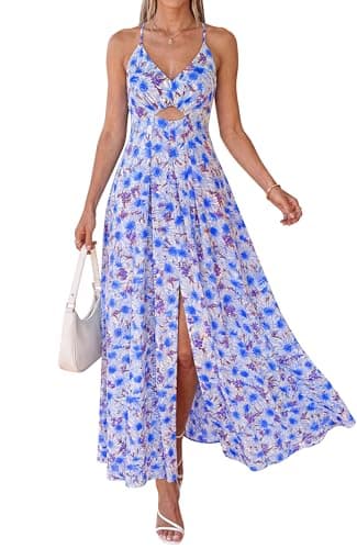 BTFBM Summer Dresses for Women 2026 Spring Floral Spaghetti Strap Smocked Cutout Maxi Dress Resort Beach Vacation Outfit(Floral Blue, Medium) - Image 1