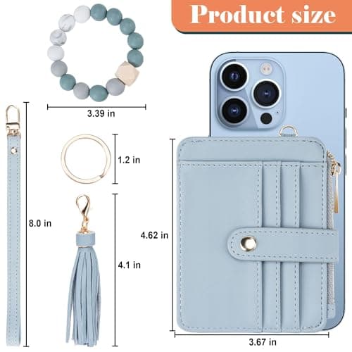 Airkit Wristlet Wallets for Women, Keychain RFID Blocking Credit Card Holder, Small Girly Wallet with Bracelet, Silicone Beaded Tassel Key Ring Card Holder, Light blue - Thumbnail 3