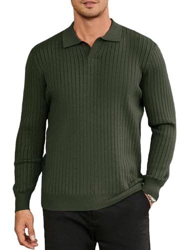 Hardaddy Men's Ribbed Knit Sweater Casual Long Sleeve Polo Sweater Collared V Neck Polo Shirts Solid Pullover Tops Green L - Image 1