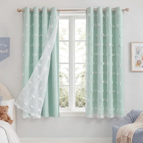 NICETOWN Aqua Pom Pom Curtains for Nursery, Grommet Room Darkening Double Layer Sheer Drapes Thermal Insulated Kids Room Window Treatments for Bedroom, W52 x L63, 2 Panels - Image 1