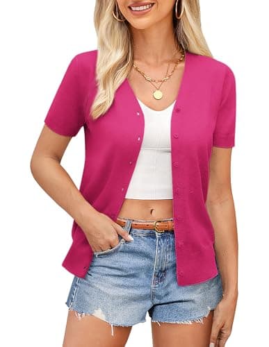 Womens Summer Cardigan Soft Knit Cropped Cardigan Hot Pink Cardigan Sweater for Women(Hot Pink,L) - Image 1