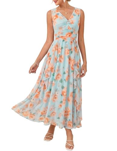GRACE KARIN Women's Summer Sleeveless Floral Maxi Dress V Neck Formal Wedding Guest Dress A Line Beach Vacation Clothes Orange Blue L - Image 1