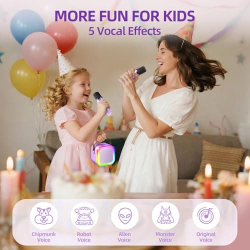 Kinglucky Kids Karaoke Machine with 2 Wireless Mics for Girls Age 3-12, Premium Sound & 5 Fun Voice Effects, Fun Birthday & Easter Toy, Safe & Durable Bluetooth Speaker (Purple) - Thumbnail 3
