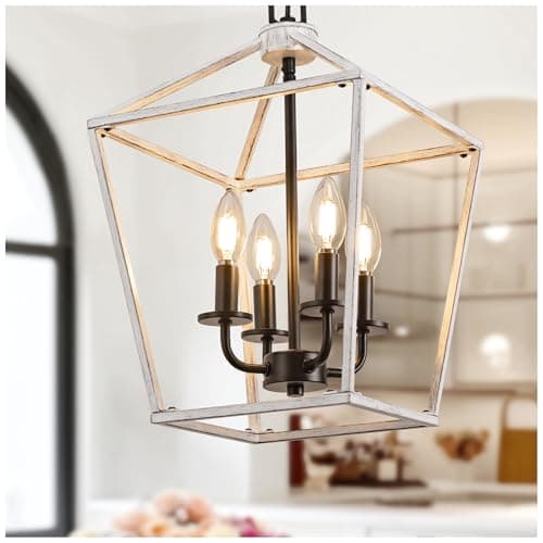 L LOHAS LED Oak White Farmhouse Chandelier, Industrial 4-Light Lantern Light, Dining Room Lighting Fixtures, Adjustable Height Metal Cage, Kitchen Island, Entryway, E12 - Image 1