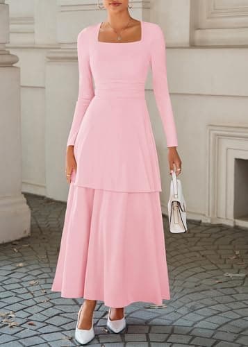 Lazysmile Women's Long Sleeve Fall Dresses Square Neck Ruched Waist Ruffle Hem Flowy Elegant Modest Boho Casual Maxi Dress Pink - Thumbnail 6