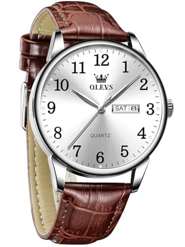 OLEVS Brown Leather Watches for Men Analog Mens Leather Watch Day Date Mens Watches Leather Band Simple Men White Face Wristwatch Waterproof Watch Reloj para Hombre Classic Fashion Brown Watch Man - Image 1