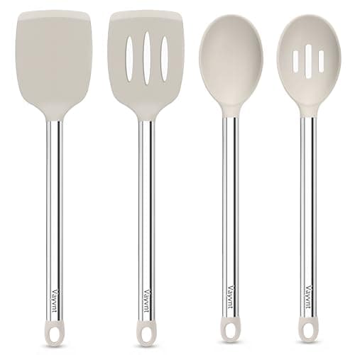 Vayvnt 4 Pieces Silicone Kitchen Spatula Utensils Set, Silicone Cooking Utensils for Non-Stick Cookware, Heat Resistant Silicone Utensils for Cooking, Kitchen Spatula Turner, Dishwasher Safe, Khaki