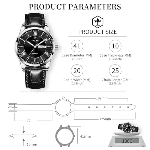 Taxau Mens Watch Black Leather Band Waterproof Watches for Men Casual Analog Quartz Dress Watch Large Face Men's Wrist Watch Classic Luxury Watches with Day Date Luminous - Thumbnail 4