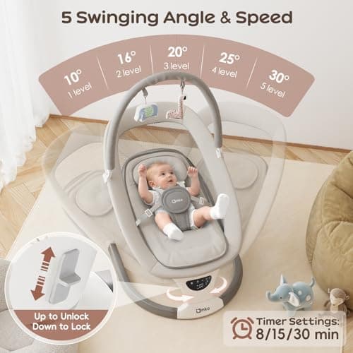 AMKE Baby Swing for Infants with Spacious & Breathable Mesh Seat, Lightweight Portable Baby Rocker Swing with 5-Speeds, 3 Timer & 12 Lullabies, Gentle Sway for Newborn Max 20 Lbs - Thumbnail 2