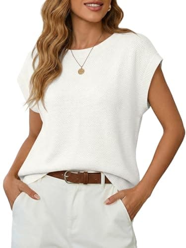 Saodimallsu Womens Short Sleeve Sweater Tops Summer Crewneck Lightweight Knit Casual Loose Sleeveless Sweater Vest White - Image 1