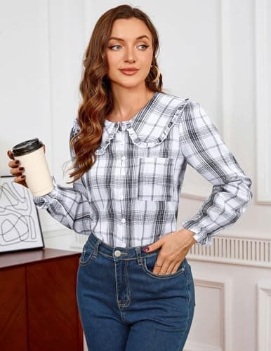 LOOKBOHO Women Spring Peter Pan Collar Shirts Long Sleeve Button Down Blouse, Puff Sleeve Lightweight Cotton Tops for Fall Summer, Elegant Work & Casual Wear Black Plaid Large - Thumbnail 6