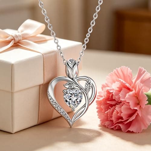 JACUPO Heart Birthstone Silver Necklace for Women(04 - Moissanite) - Thumbnail 4