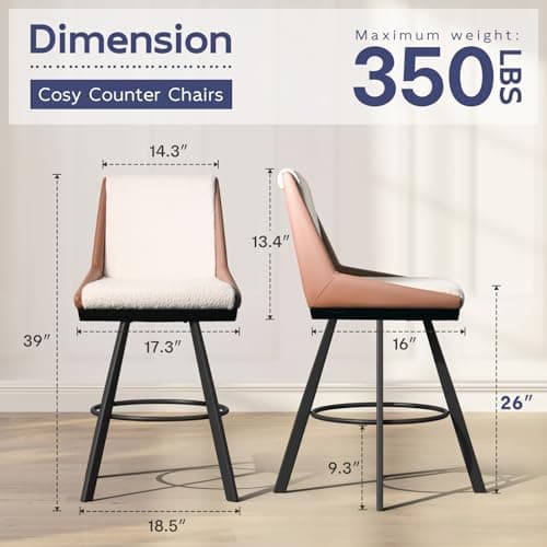 Ollega Bar Stools Set of 2, 26" Counter Height Bar Stools, Upholstered Swivel Barstools with Backs, Loop Yarn Fabric&Pu Leather, Metal Legs for Kitchen Island, Beige&Brown - Thumbnail 2