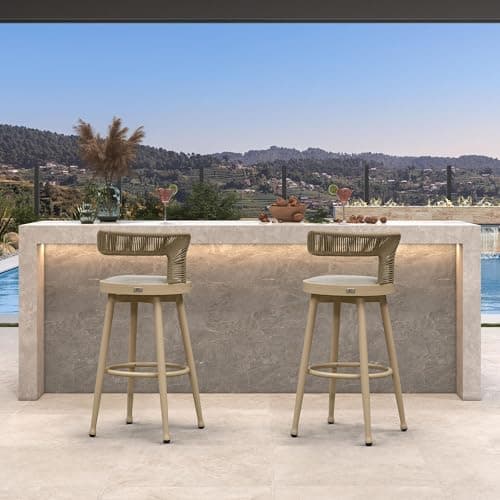 PURPLE LEAF Outdoor Swivel Bar Height Stools Set of 2 Metal Modern Wicker Bar Chairs with Back Aluminum Woven Barstools with Cushions for Kitchen Balcony Garden Indoor White Oak - Thumbnail 3