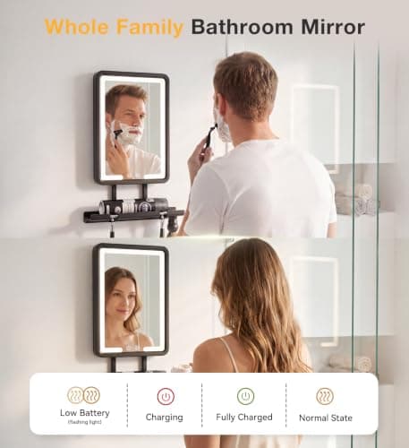 Shower Mirror Fogless for Shaving with Light - Heated Anti Fog Bathroom Mirror Razor Holder Recharegable 5000mAh Battery 3 Colors Dimmable Adhesive Wall Mount Shower Accessories Gift for Men(Black) - Thumbnail 4