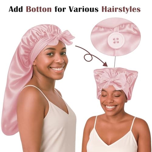 Women's Silky Bonnet - Long Tie Sleep Cap, Curly/Natural Hair, Adj. Night Hat, +10 Scrunchies, Mom/Wife - Thumbnail 2