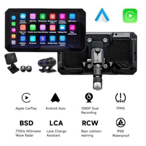 AlienRider M2PRO-204 Motorcycle Streaming Smart System,77G mmWave Radar Blind Spot Detection,Wireless CarPlay/Android Auto,Rear-View Streaming Lane Change Assist,1080P,G-Sensor(Host+Cameras+Radar) - Thumbnail 5