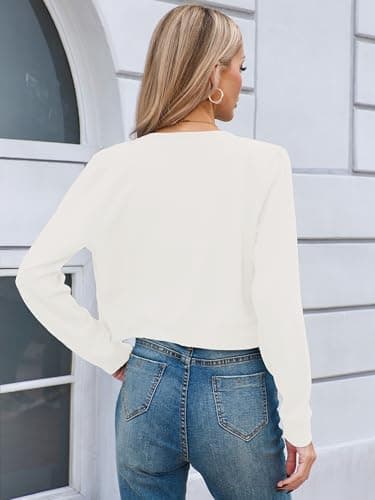 Heymoments Women Cropped Cardigan Bolero Shrug White Medium Button Down Long Sleeve Crewneck Casual Business Ladies Open Front Knit Lightweight Coat Fall Tops Sweater for Dresses Jean - Thumbnail 5