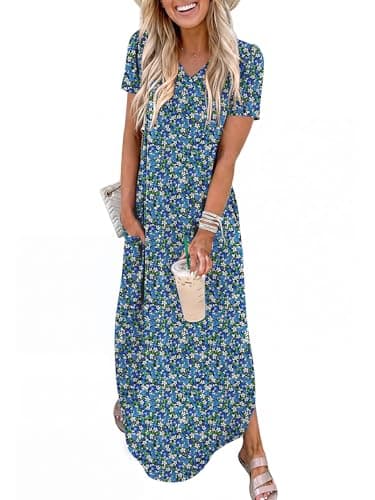ANRABESS Women’s Summer Maxi Dress V Neck Short Sleeve Slit Side Shirt Dress Loose Fit Travel Beach Dress with Pockets Blue White Green Floral Small