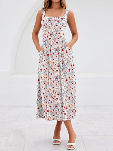 YIOYOLA Sundresses for Women 2026 Casual Dress for Women with Pockets High Waist Square Neck Midi Red Blue Floral Vacation Dresses(YYL645-Blue Red F 01,XL) - Thumbnail 5